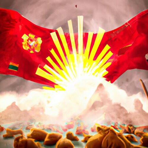 A battle scene with Peruvian and Chinese flags, explosions, and casualties. (1).jpg