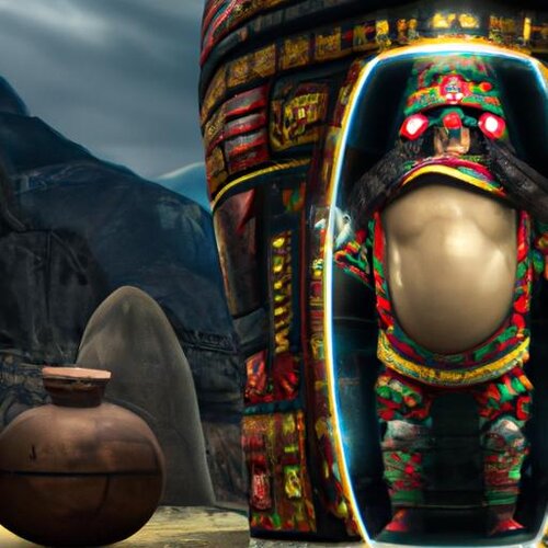 Create an image of Inca Pachacutec resurrecting from a hibernation capsule to rule Peru for a ...jpg