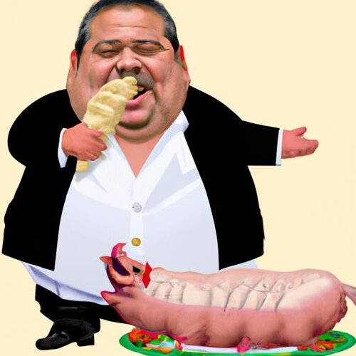 Create an image of a fat Peruvian politician eating a pig. (1).jpg