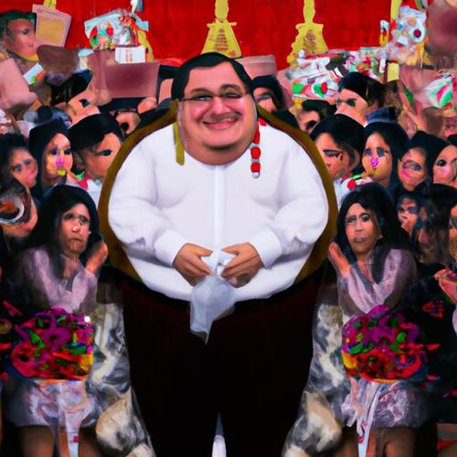 Create an image of a fat and indigenous Peruvian politician being adored by the people. Make i...jpg