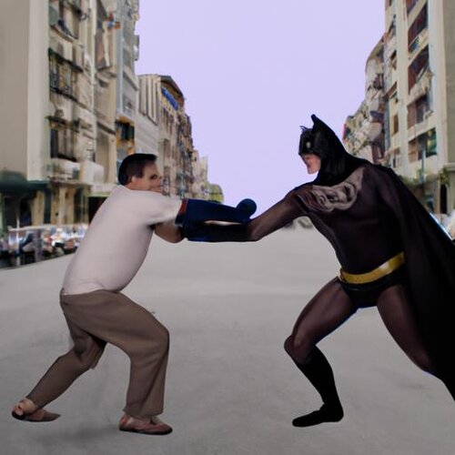 Create a hyper-realistic image of Batman fighting a Peruvian in a street in Lima. (1).jpg