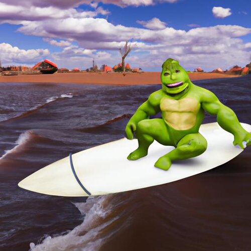 Create an image of Shrek surfing in Bolivia (1).jpg