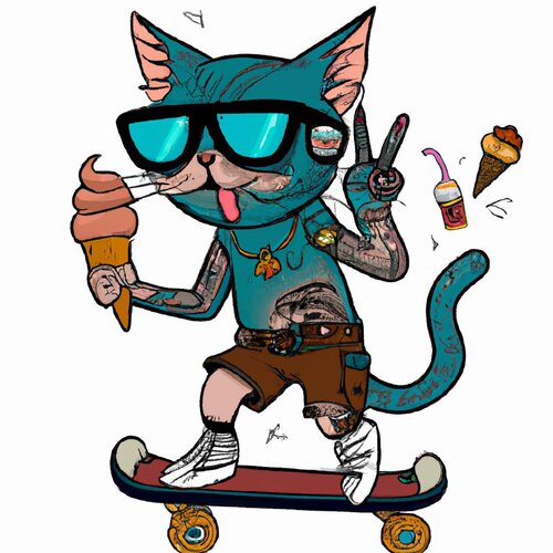 A cool cat with tattoos, sunglasses, riding a skateboard, eating ice cream, and listening to r...jpg