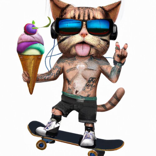 A cool cat human hybrid with tattoos and sunglasses riding a skateboard, holding ice cream, an...jpg