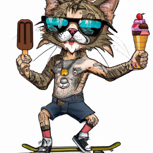 A cool cat human hybrid with tattoos and sunglasses riding a skateboard, holding ice cream, an...jpg