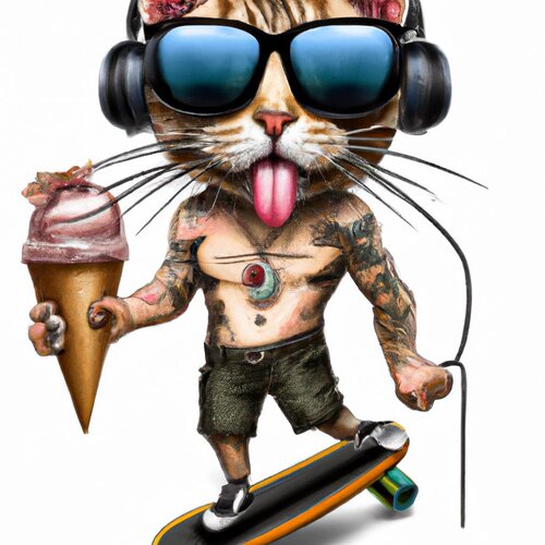 A cool cat human hybrid with tattoos and sunglasses riding a skateboard, holding ice cream, an...jpg