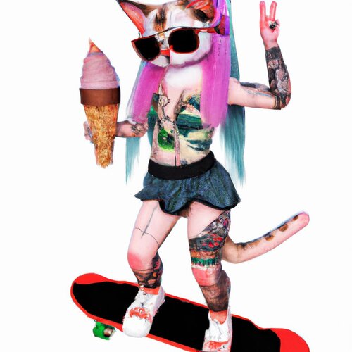 Draw a cool cat girl hybrid with tattoos and sunglasses riding a skateboard while holding ice ...jpg