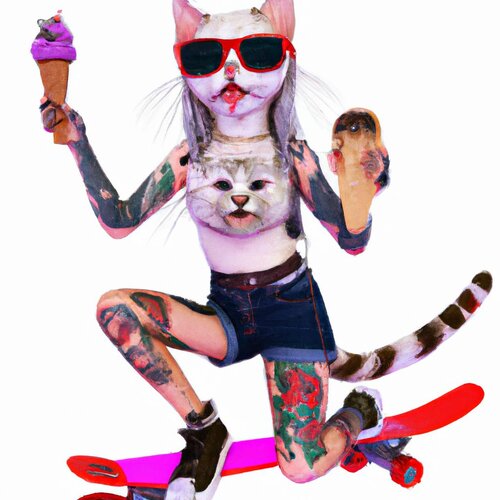 Draw a cool cat girl hybrid with tattoos and sunglasses riding a skateboard while holding ice ...jpg