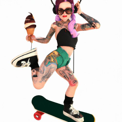 Draw a cool cat girl hybrid with tattoos and sunglasses riding a skateboard while holding ice ...jpg