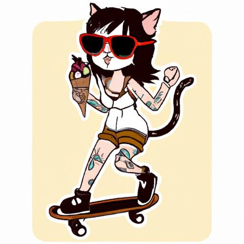 Draw a cool cat girl hybrid with tattoos and sunglasses riding a skateboard while holding ice ...jpg