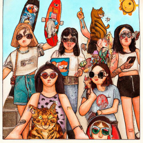 A lot of cool cat girl hybrids in tattoos and sunglasses riding a skateboard with ice cream an...jpg