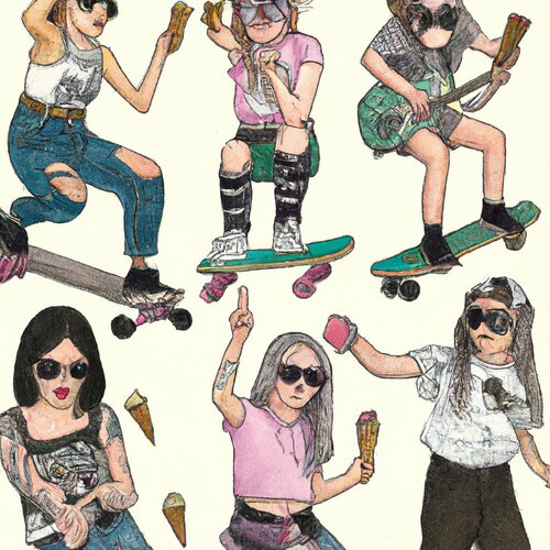 A lot of cool cat girl hybrids in tattoos and sunglasses riding a skateboard with ice cream an...jpg