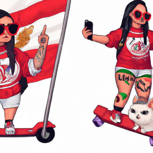 A lot of cool cat-Peruvian girl hybrids in tattoos and sunglasses riding a skateboard with ice...jpg