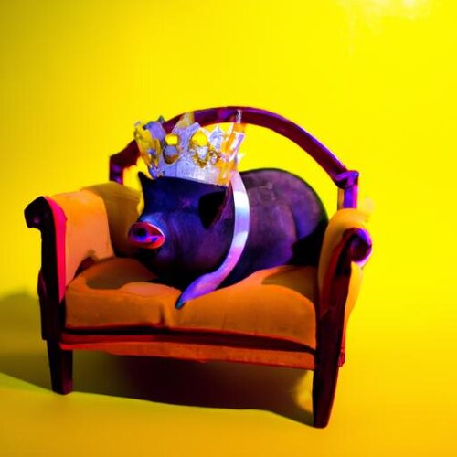 Un chanchito en un trono con corona en una sala de color amarillo vivo. (1).jpg