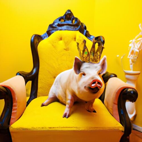 A pig on a throne with a crown in a bright yellow room. (1).jpg