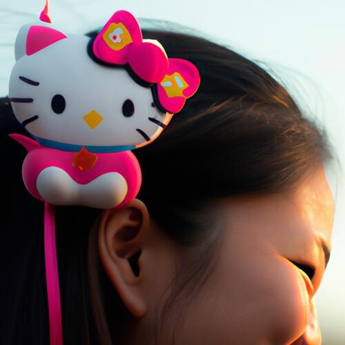 Create a portrait photo of a hello kitty fan with a happy smile, looking away, using 50mm port...jpg