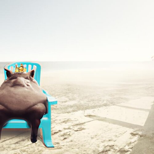 A hybrid of a piggy and a chubby man sitting on a throne with a man-made beach in the backgrou...jpg