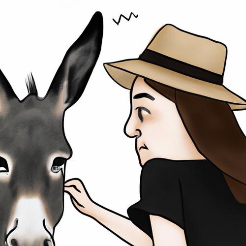 Draw a picture of a donkey wearing a hat next to a woman with a large forehead. (1).jpg