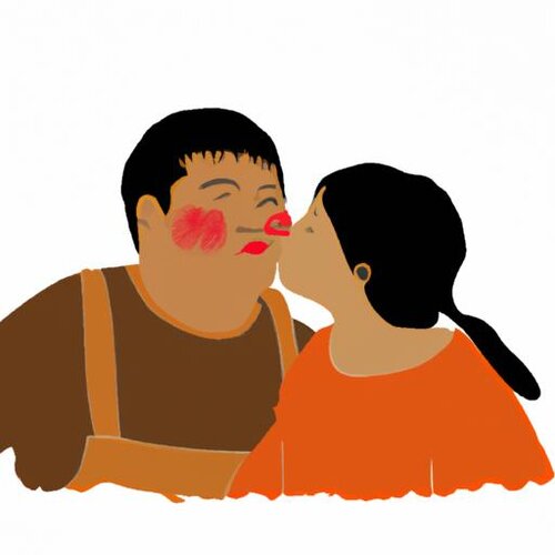 Draw a picture of a brown farmer kissing a chubby Japanese woman wearing an orange shirt. (1).jpg