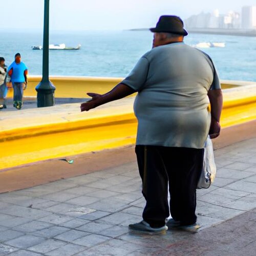 Una fotografía frontal de un hombre peruano y obeso con ginecomastia pidiendo limosna en el ma...jpg