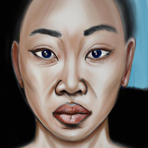 Draw a realistic picture of a Chinese person with black skin and blue eyes. It should be a pho...jpg