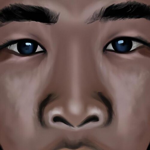 A realistic image of an Asian person with black skin, slanted eyes, and blue eyes. (1).jpg