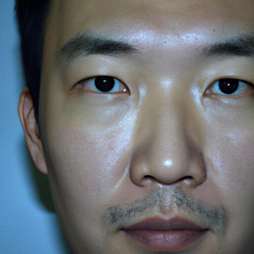 An Asian man with blue eyes and black skin, 30 years old, facing the camera. Please generate a...jpg