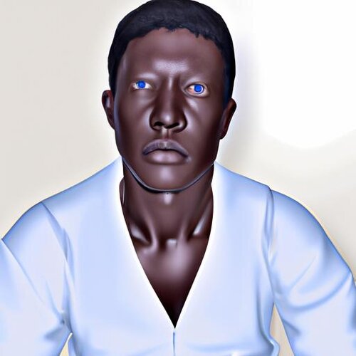 A Chinese man with black skin and blue eyes, depicted in a hyper-realistic style. The image sh...jpg