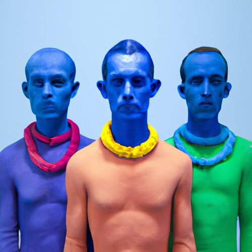 A colorful postmodern portrait sculpture of Paracas men with elongated skulls, mid-short hair,...jpg