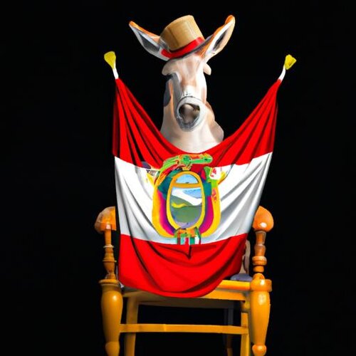 Un burro con sombrero sentado en un trono y con una banda en el pecho de la bandera del Perú e...jpg